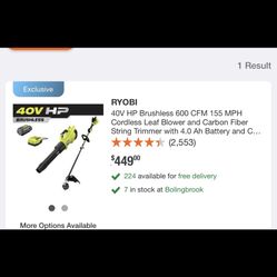 Ryobi 40V HP Brushless 600 CFM 155 MPH Cordless Leaf Blower and Carbon Fiber String Trimmer with 4.0 Ah Battery and