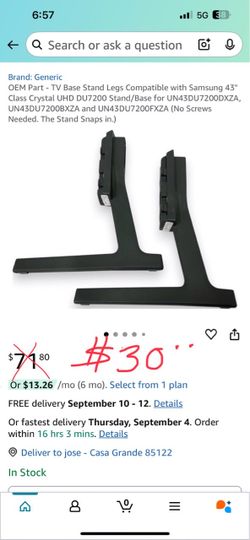 Samsung Tv Legs (base Stand Legs OEM) No Screws Needed. un43du7200dxza, un43du7200bxza , un43du7200fxza