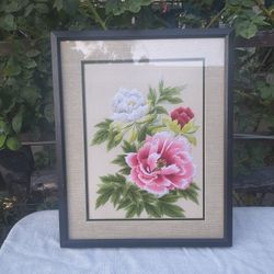 Vintage Chiyo's Framed  Pink Floral Needlepoint Art Japanese Bunka Needlecraft