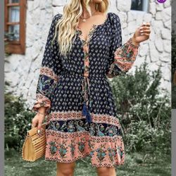 NWT Sz Large Women’s Bohemian Navy+Pink Abstract Button Up A-Line Dress