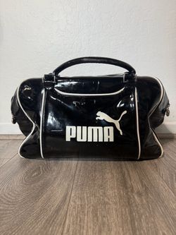 PUMA Medium Faux Leather Duffle Gym Bag Black/White Logo Zip, Adjustable Strap