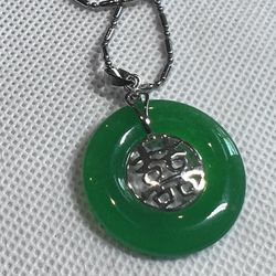 Genuine Green Jade 18KGP Fortune Letter Round Pendant Necklace Drop 