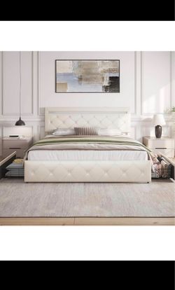 Full Sizd White LED Bed Frame with Storage Drawers