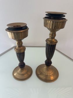 Vintage Heavy Brass Pillar Candle Holders - Pair