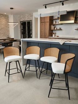 Rattan White Fabric Swivel Bar Stools 26” counter height– Set of 4 (Already Assembled)