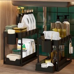 Adjustable Height Under Sink Organizers and Storage 2 pack - Sliding Drawers Under the Sink Cabinet Organizer - 2 Tier Under Kitchen Bathroom Sink Org