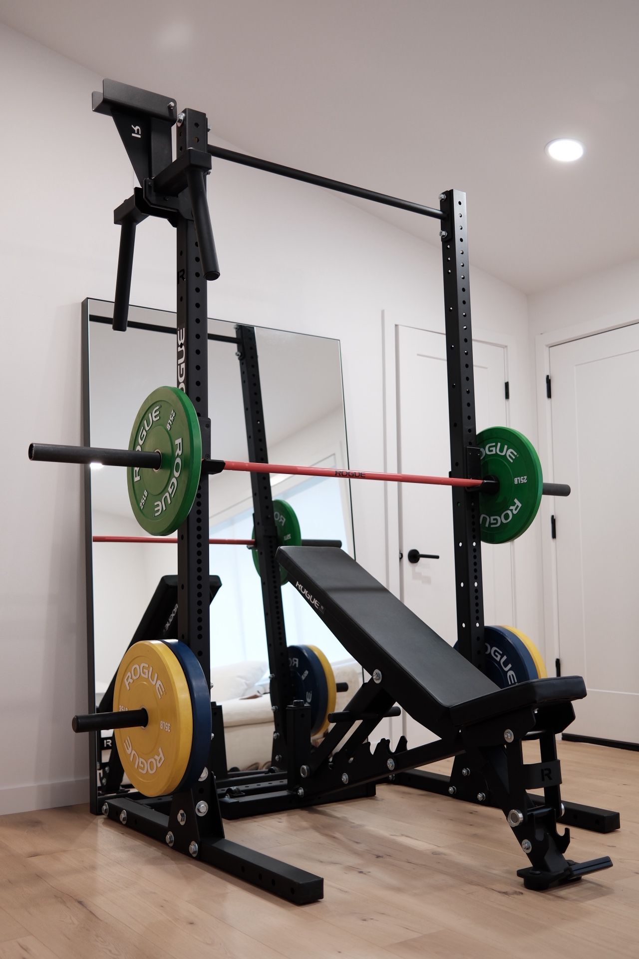 Rogue fitness squat rack / bench / bumper plates / barbell / matador