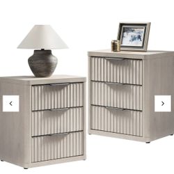 ND019A2CLTY1174 set of 2  Nightstands with 3 Drawers Storage Bedside Table Large Fluted Bed Side End Table Modern 25.6" Tall Wide Mid Century Night St