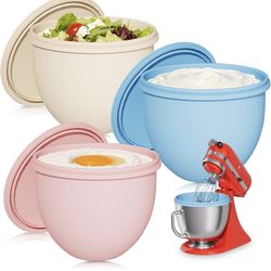 3Pcs 5QT Silicone Bowl Liner for KitchenAid Tilt-Head Stand Mixers - Food-Grade Silicone Insert with Sealable Lid, Vent Holes & ml Markings - Heat-Res