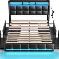 Full Size Bed Frame with LED Lights and Charging Station, PU Leather Bed Storage Headboard & Drawers, Heavy Duty Wood Slats, Easy Assembly, Black 