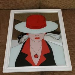 Vintage Painted Mirror 80s 90s Woman In Red Hat