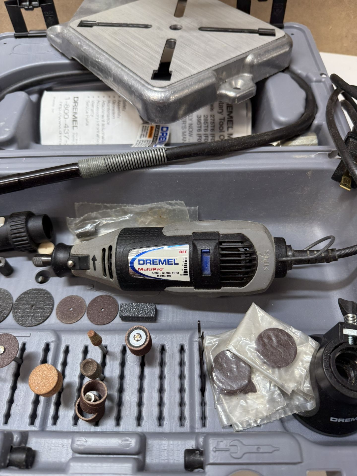 Dremel Rotary Tool With Drill Press, Flex Shaft, Right Angle And Router Attachment And Case