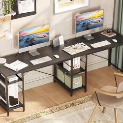 0889 95.2” L Shaped Desk, Reversible Corner Computer Desk or 2 Person Long Table with Adjustable Shelves, Large Writing Study Workstation with 3 Cable