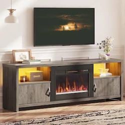 70.8 in. Freestanding Electric Fireplace TV Stand with Cabinets and LED Lights for 75 in. TVs, Wash Grey