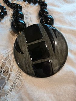 Vintage Black Beaded Necklace w/ Large Retro Vehicle Pendant – Bold Statement Piece!