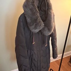 Tahari Parka Coat Faux Fur Trim Hood Puffer Jacket Size S