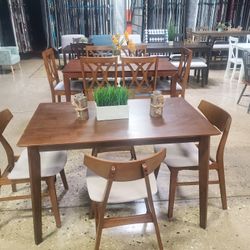 5-Piece Taupe Fabric and Walnut Brown Wood Top Dining Set Seats 4