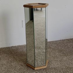 1970's Mirror & Oak Hexagon Art Accent Pedestal Stand 