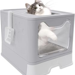 Foldable Enclosed Cat Litter Box, Cat Litter Box with Litter Scoop and Lid, Easy Clean Drawer Style, Durable PP Material for Cats up to 22lbs