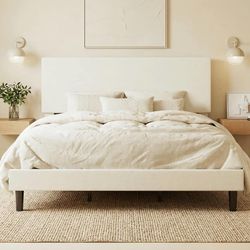 Velvet Upholstered queen Size Bed Frame, Cream