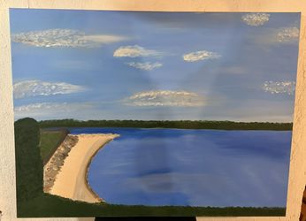 Original Landscape Acrylic Painting on Canvas – Lake & Shoreline Scene