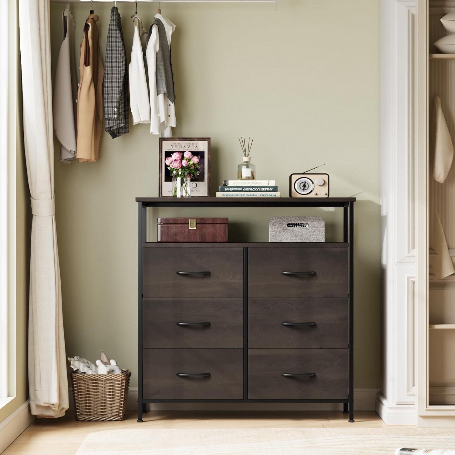 Bedroom Dresser, 6 Drawer Dresser, Dresser with Storage Bins, Wooden Top Storage Drawers, Fabric Storage Tower