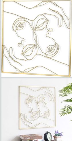 DECO DE VILLE 26 x 26 inches Large Square Hanging Metal Wall Sculpture, Minimalist Single Line Art Wall Décor, Female Silhouette Wall Art Gold, for Ki