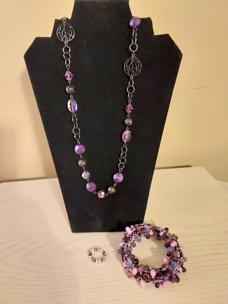 Purple Necklace, Bracelet & Stretch Ring