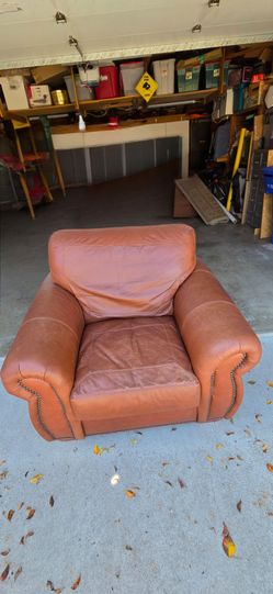 Brown Leather Oversized Armchair with Nailhead Trim plus Ottoman