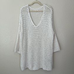 Lou & Grey White Open Knit Crochet Coverup Long Sleeves Tunic Top