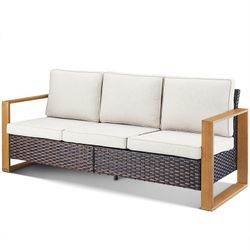 3-Seat Outdoor Wicker Sofa with Wood Arms