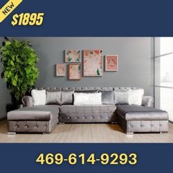 Gray Velvet Double Chaise Sectional With Pillows 