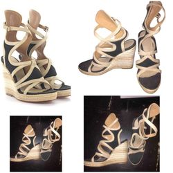 Designer Wedge Sandals strap Leather & fabric SZ6