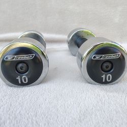 Vintage Set of 2 Reebok 10 lb Dumbbells Pair 20 lb Total Chrome Rubber-Grip