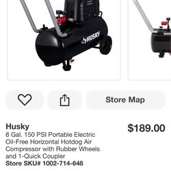 Husky 8 Gal. 150 PSI Portable Electric Oil-Free Horizontal Hotdog Air Compressor with Rubber Wheels and 1-Quick Coupler