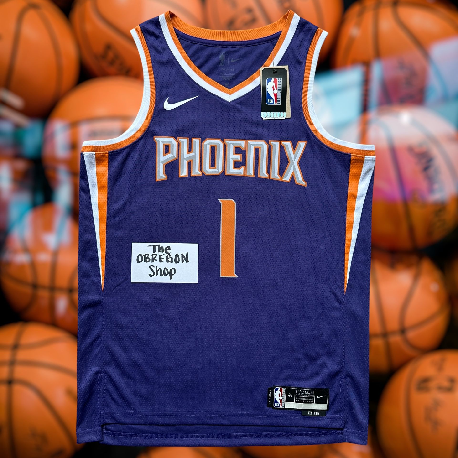 NIKE DRI FIT NBA PHOENIX SUNS DEVIN BOOKER ICON EDITION SWINGMAN MENS BASKETBALL JERSEY SIZE LARGE 48 PURPLE ORANGE WHITE NEW
