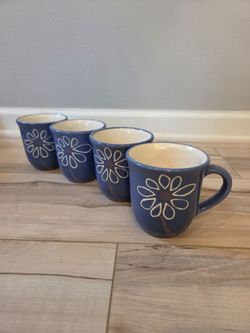 Set of 4 Vintage Pfaltzgraff "Baja" Coffee Mugs - Blue with White Flowers