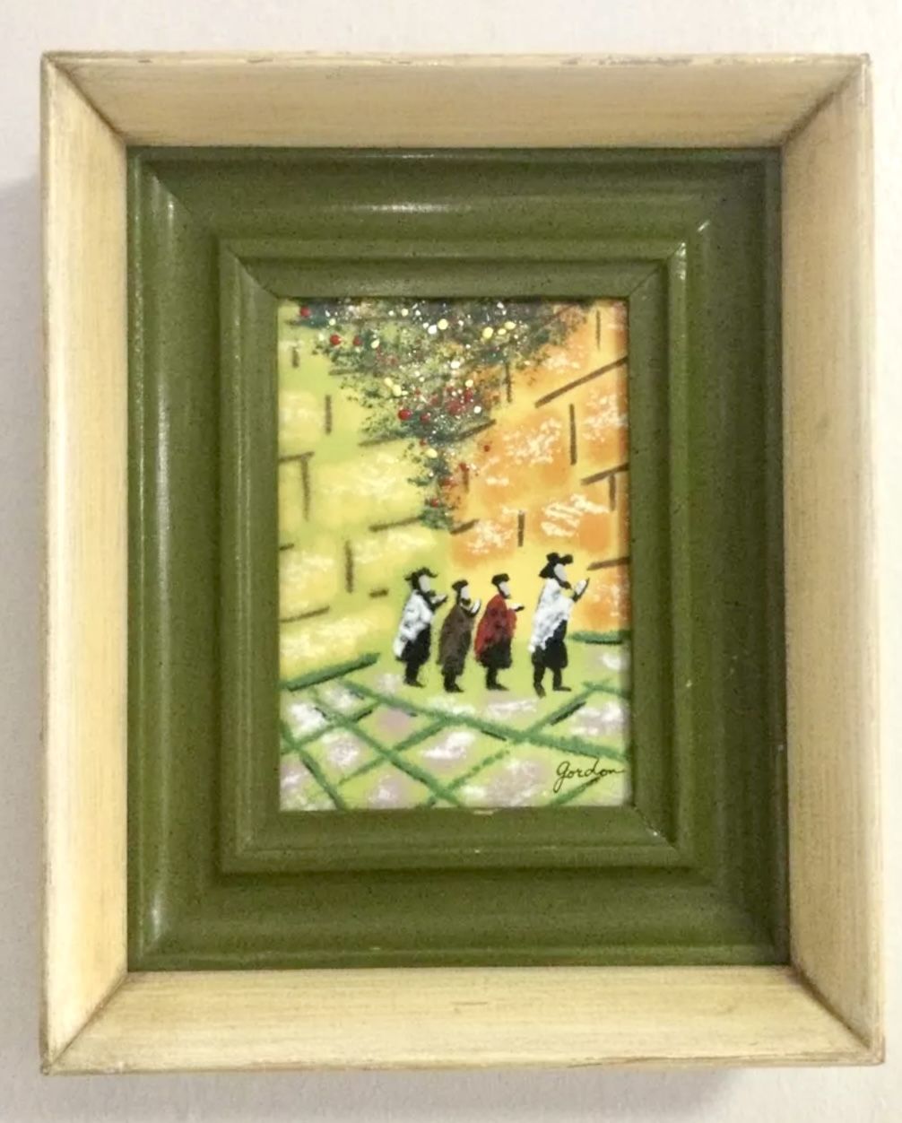 Vintage Rare Enamel on Copper Painting Framed Jerusalem Judaica Signed Gordon