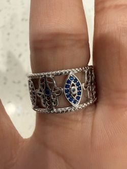 Silver 925 Blue Eye Filigree Wide Band Ring Size 7 New with Tags