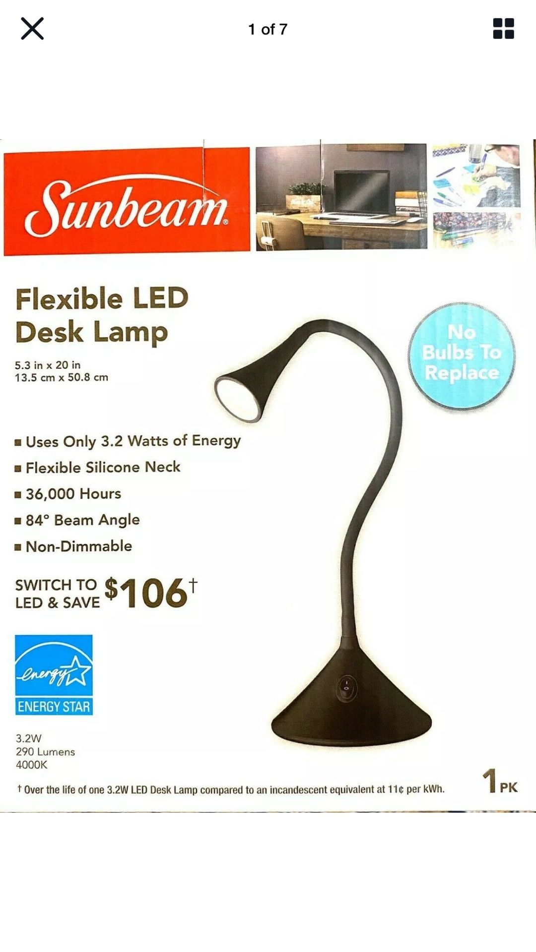 Brand New Sunbeam Flexible Led Desk Lamp Direct Light Sturdy Base Low Watt Black