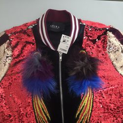 NWT AKIRA Red Sequin Sparkle Feather Front Waist Jacket Taylor Swift Style Sz L