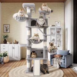 81in Multi-Level Tall Cat Tree Tower for Indoor Kitties/Larger Cat Condo Furniture with Hammock/Cozy Pussycat Perches/Sisal Scratching Posts/Pet House
