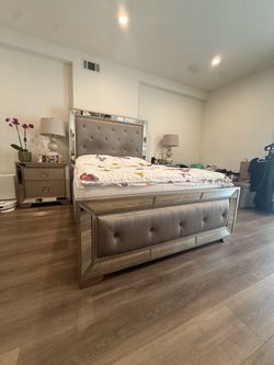 Mirrored Tufted Queen Bed Frame with Nightstand
