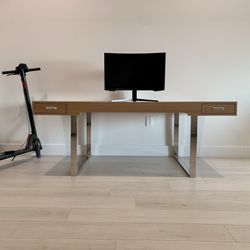 Modern Desk with Polished Steel Base and Dual Storage Drawers 