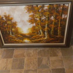 Vintage Collectible 1970 Or Painting On Canvas Forest River Stream Landscape Original Frame From Antique Interior 44 In Wide 33 Long Certified 97419