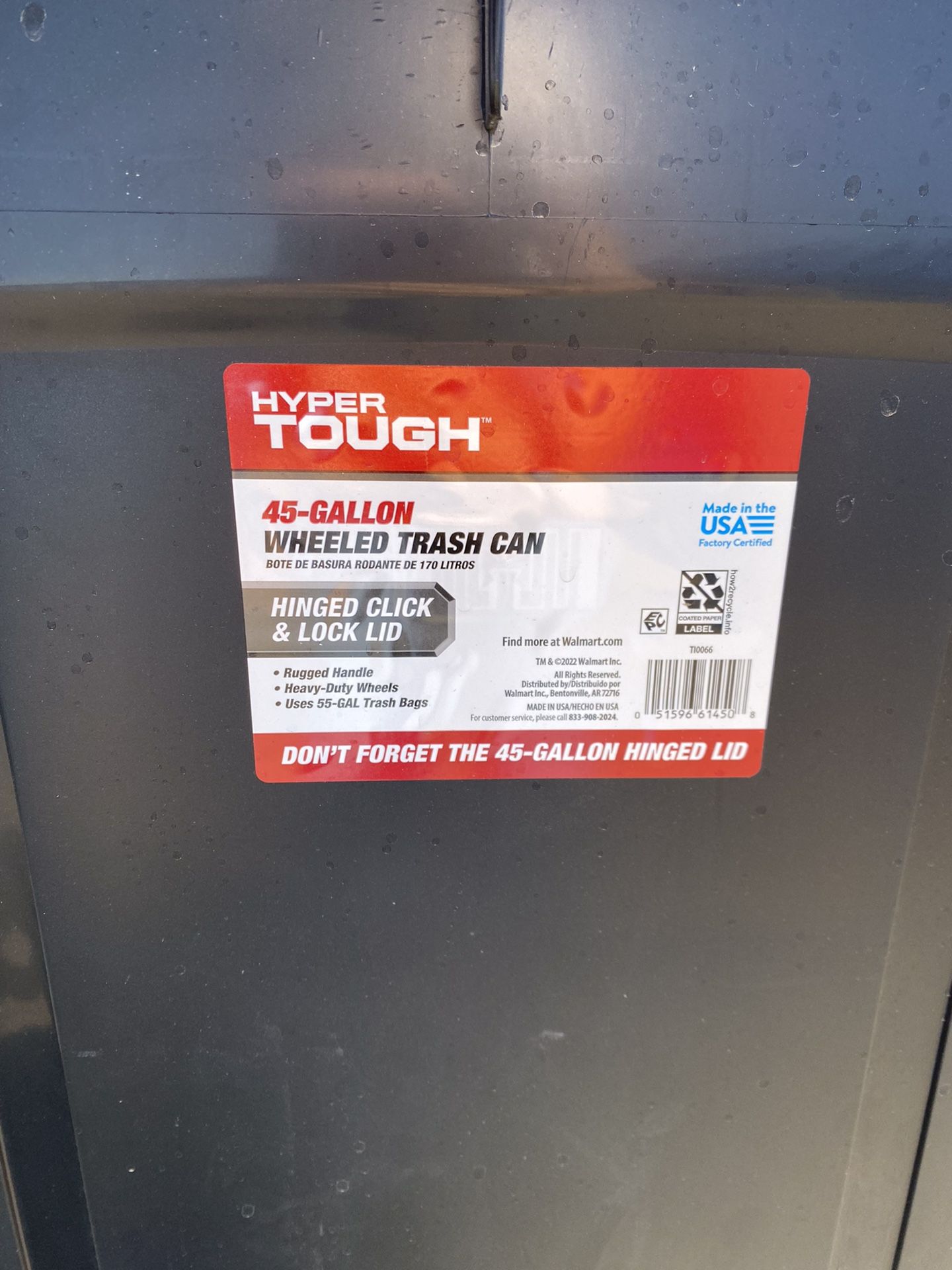 TRASH CAN  45 GALLON WHEELED TRASH CAN  DUSTY BUT IN EXCELLENT CONDITION  “We purchased this trash can for our warehouse and we really never use it, u