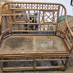 Vintage Brighton Rattan Bench Settee Tortoise Bamboo Finish Boho Beach Bohemian Retro Mid Century Pa