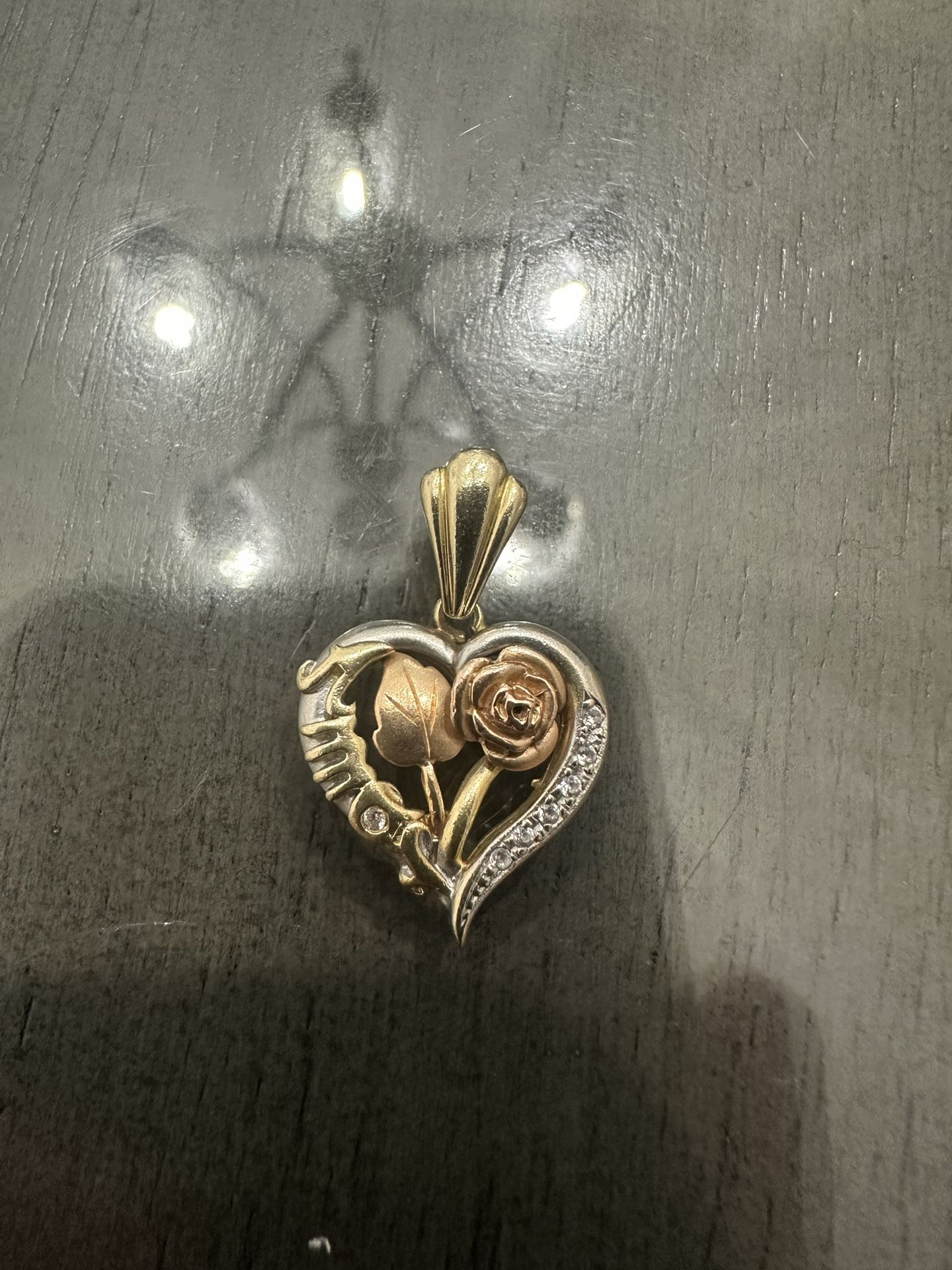 Solid 14k Tri-Color Gold Heart Shape Pendant Flowers Stones Beautiful