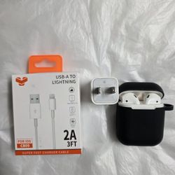 Apple AirPods, charger, and cable.