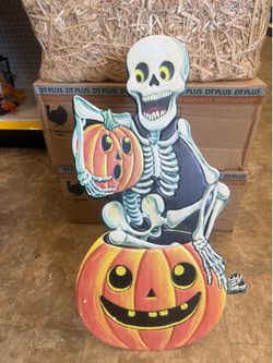 Metal Vintage Inspired Halloween SKELETON W/ JACK O LANTERN METAL Porch Sign NEW